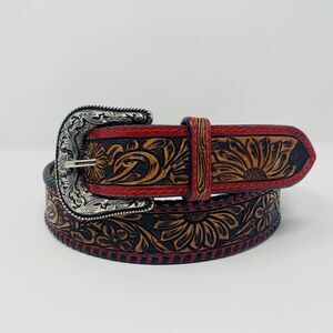 American Darling 44 Red Floral Hand Tooled Leather Belt Western Unisex USA Rodeo